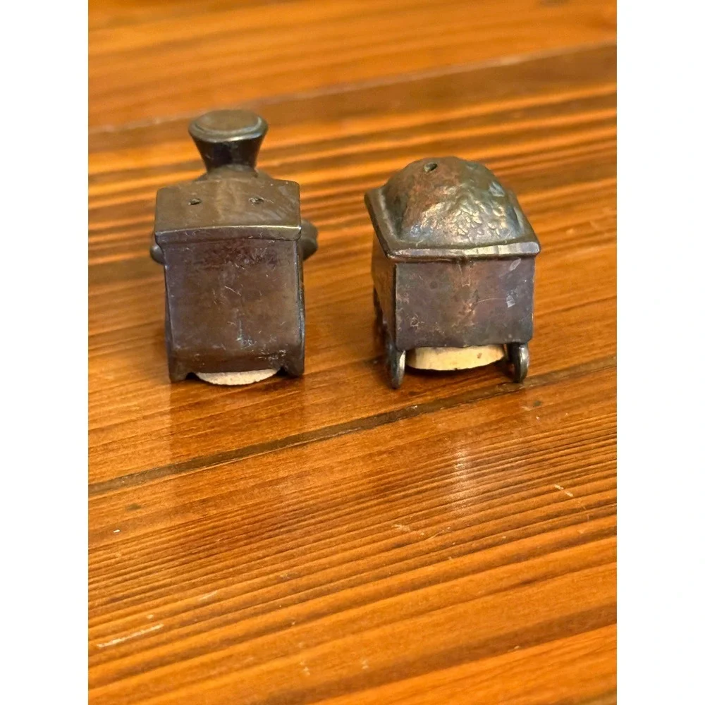 Vintage Train Salt and Pepper Shakers Metal Locomotive Tender Japan Silver Good